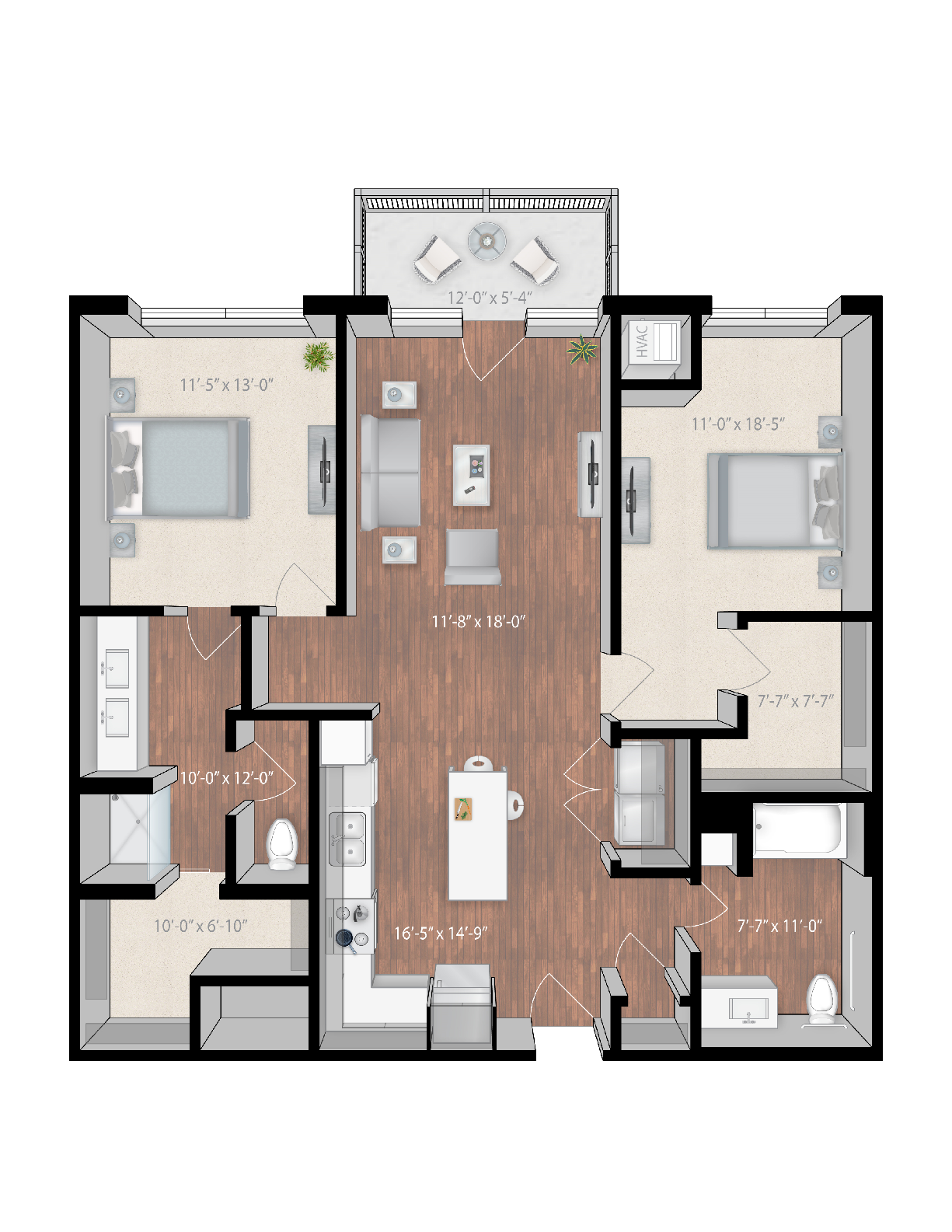 Floor plan for 2 beds, 2 baths, 1224 sqft